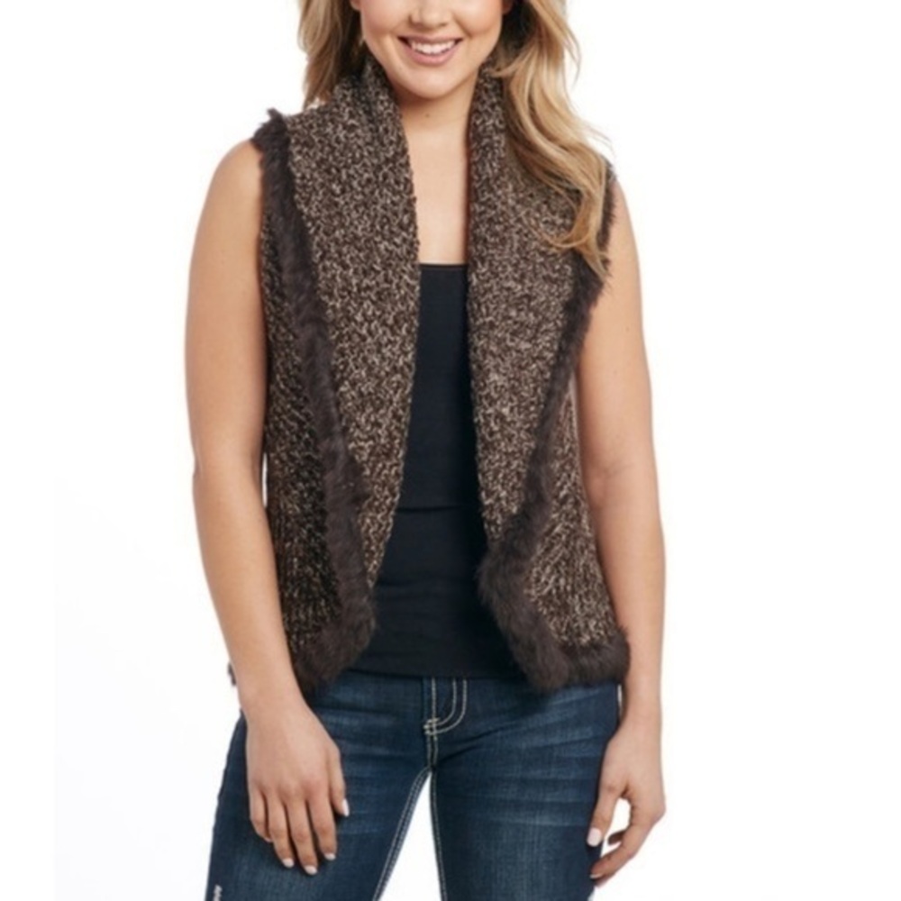Cripple Creek western crochet knit vest with hand laced fur trim
